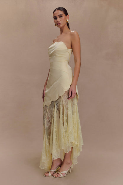 Lemon Aleena Satin & Lace Maxi Dress in Lemon
