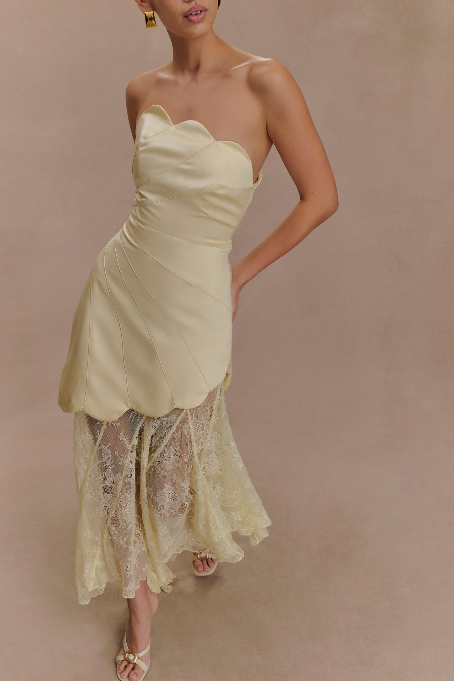 Lemon Aleena Satin & Lace Maxi Dress in Lemon