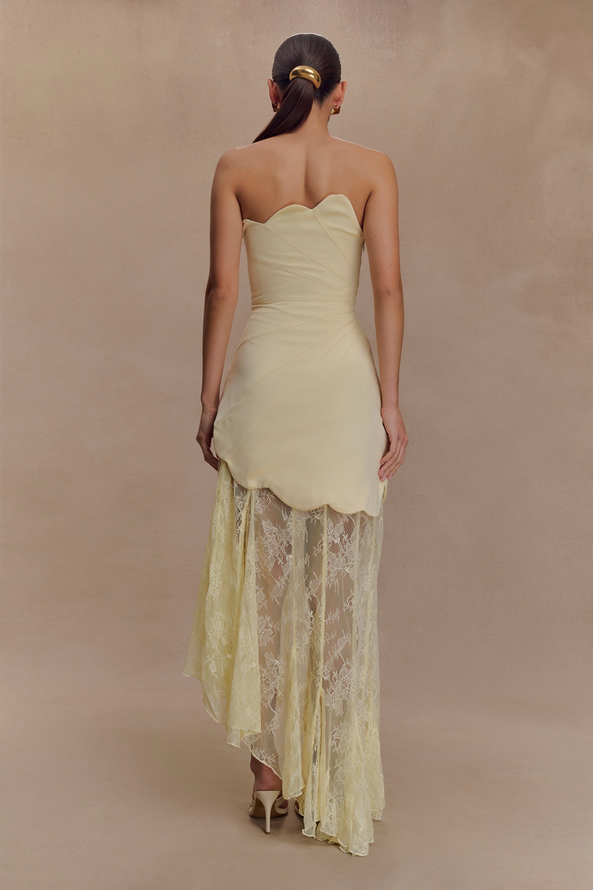 Lemon Aleena Satin & Lace Maxi Dress in Lemon
