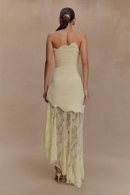 Lemon Aleena Satin & Lace Maxi Dress in Lemon