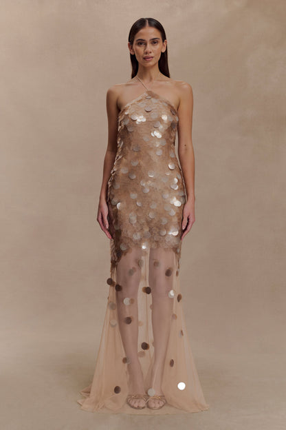 Gold Jenny Hand-Embellished Maxi Dress in Gold