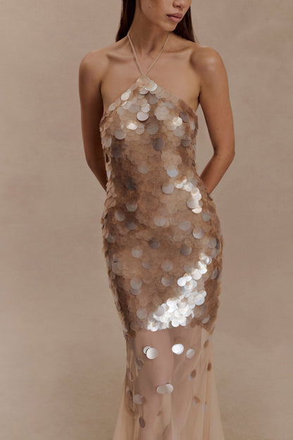 Gold Jenny Hand-Embellished Maxi Dress in Gold