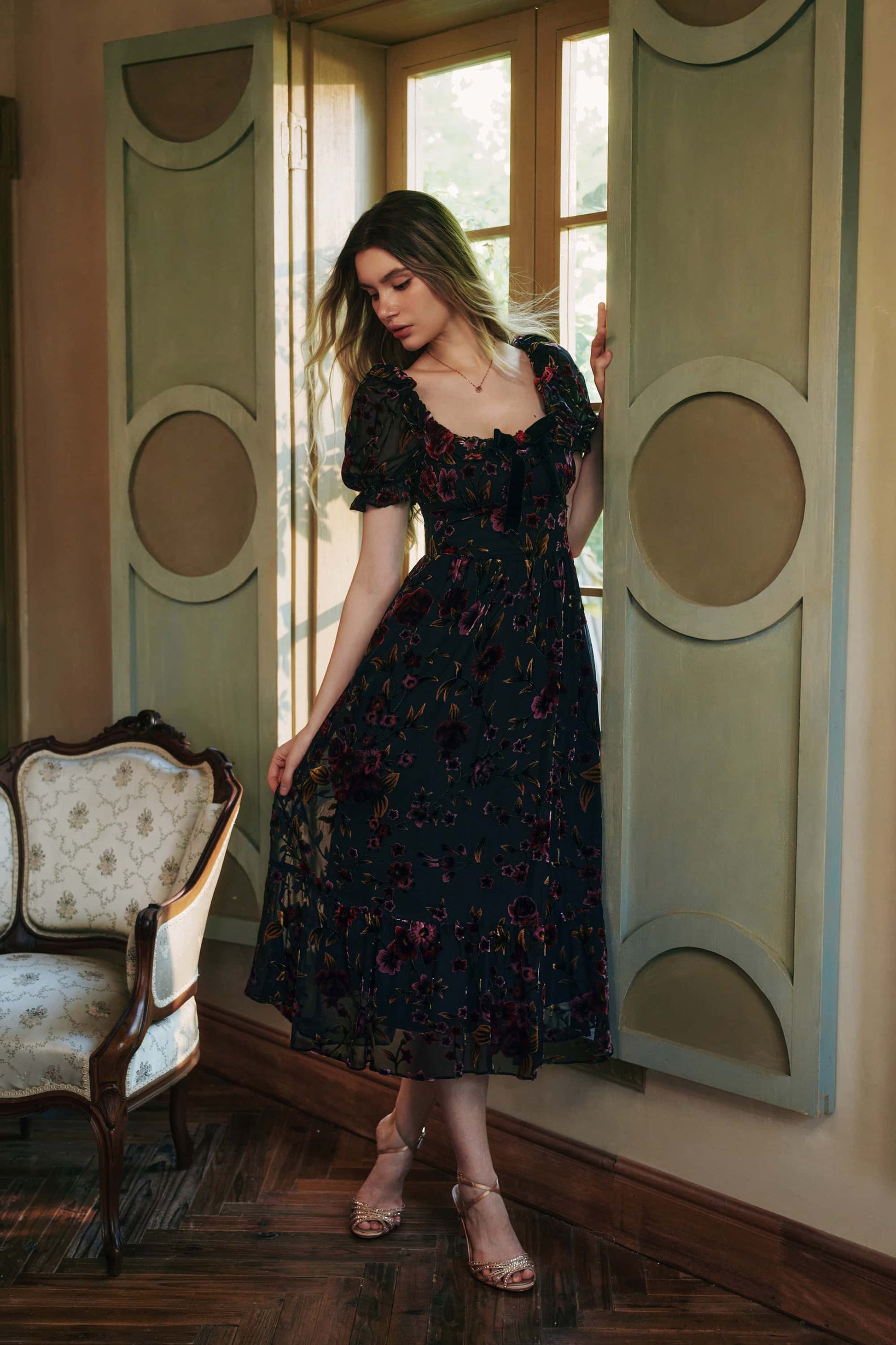 Black Juliette Burnout Velvet Midi Dress