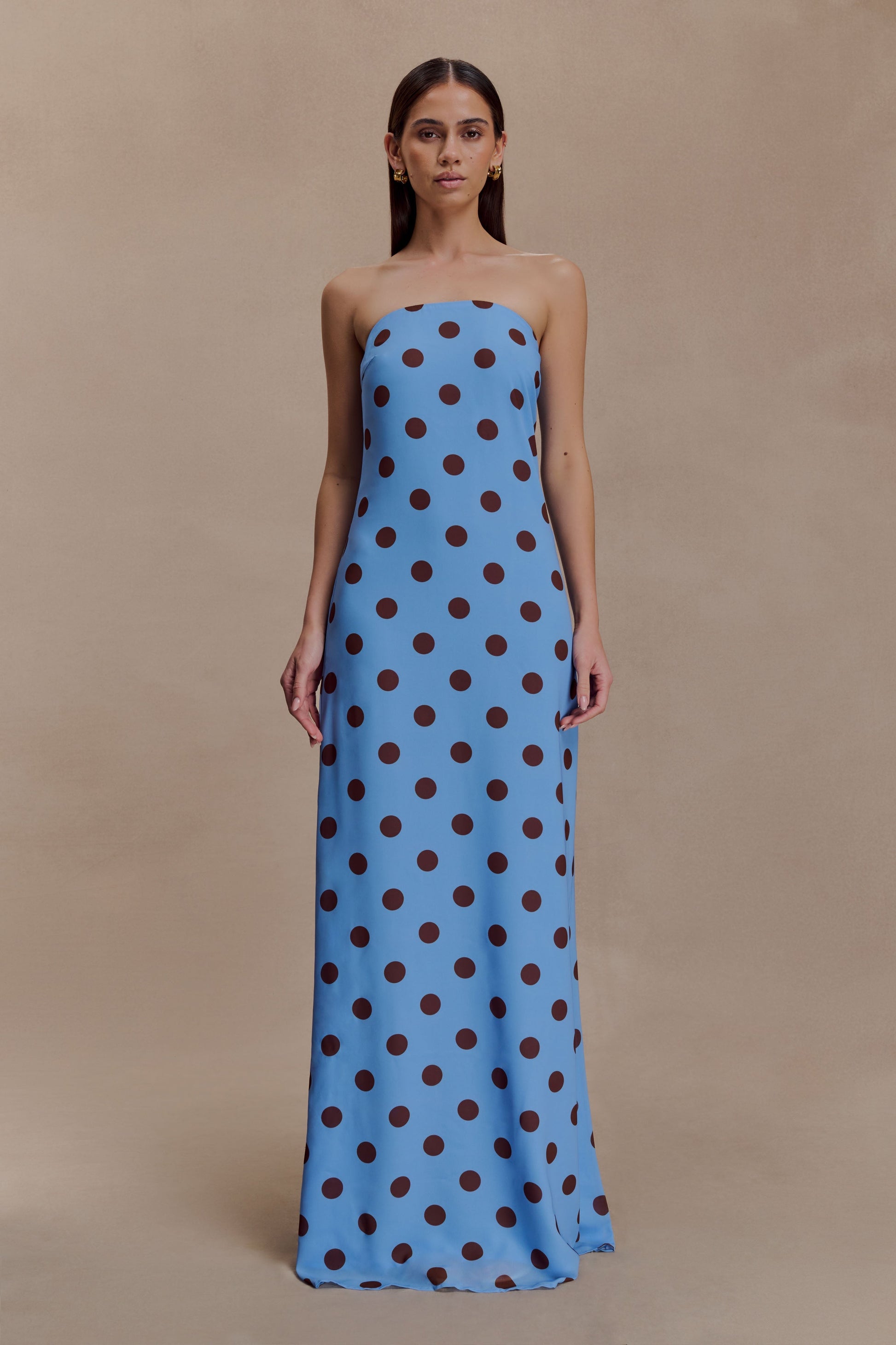Blue Polka Dot Amaya Strapless Chiffon Maxi Dress