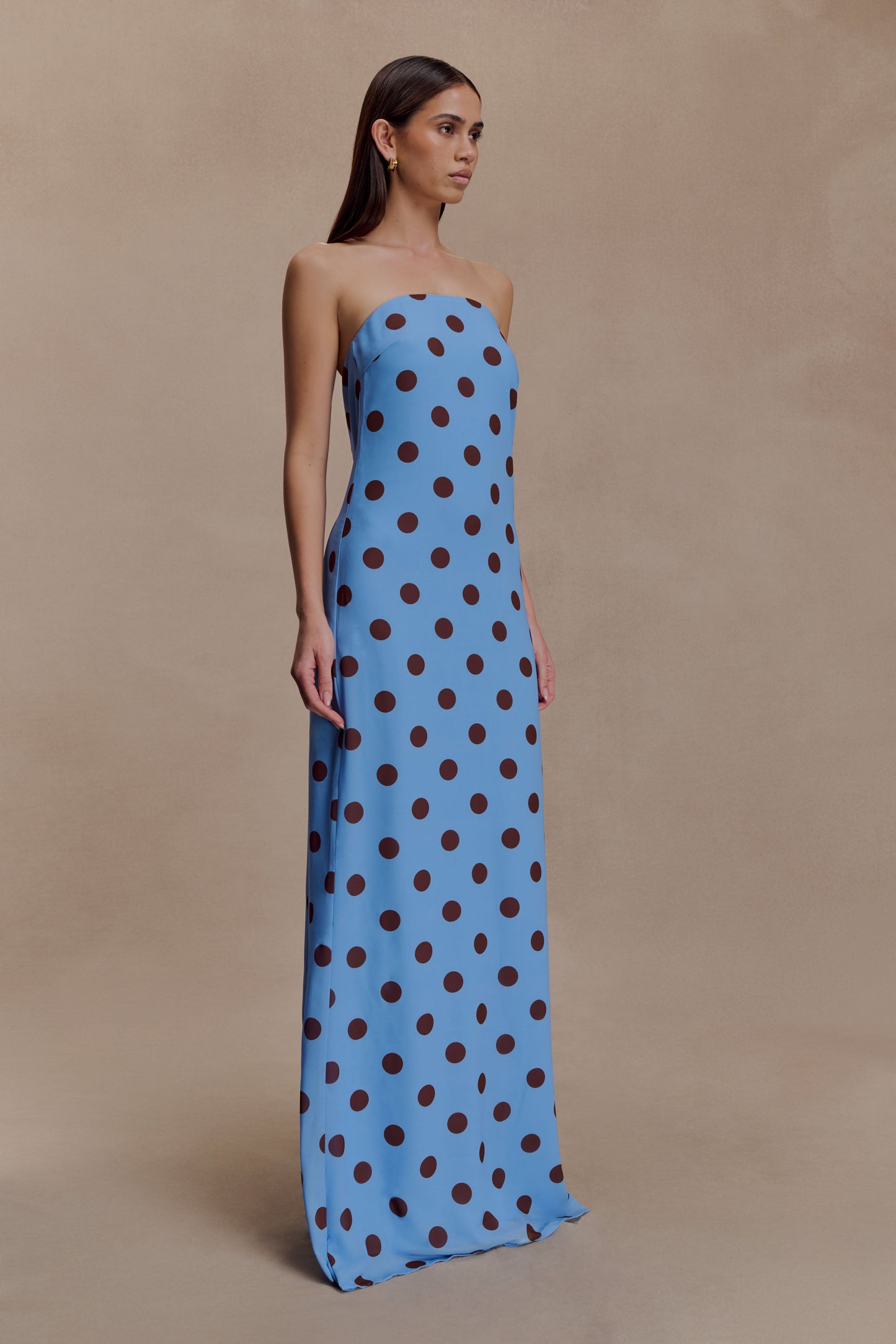 Blue Polka Dot Amaya Strapless Chiffon Maxi Dress