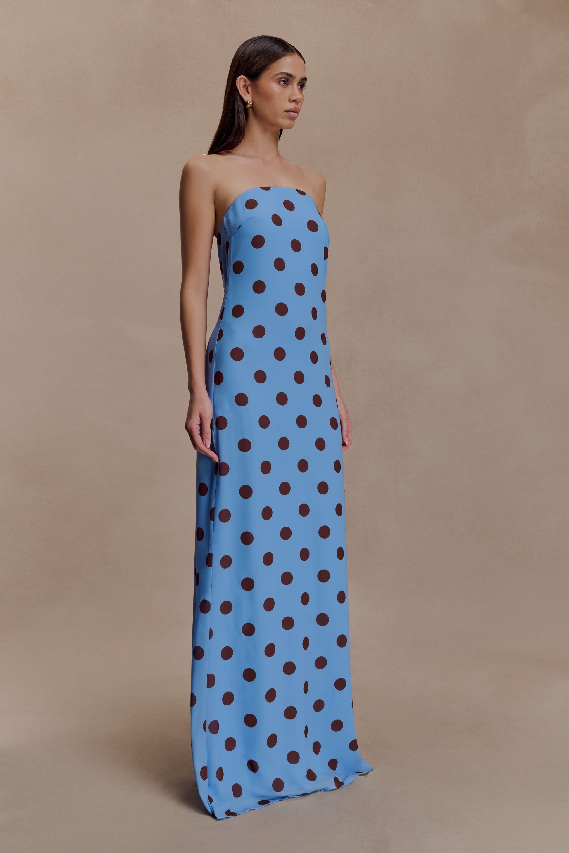 Blue Polka Dot Amaya Strapless Chiffon Maxi Dress