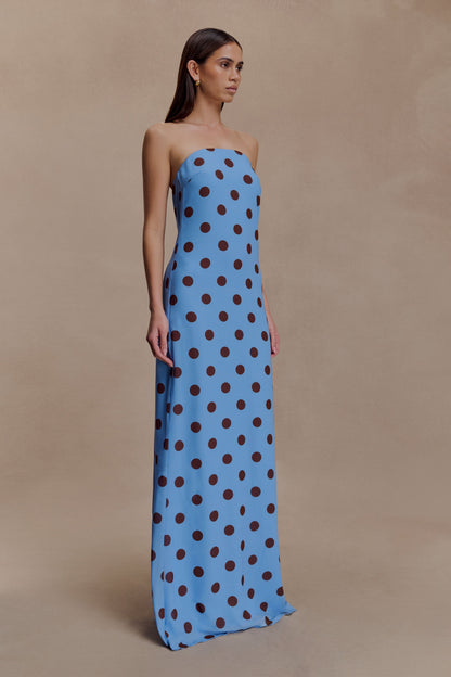 Blue Polka Dot Amaya Strapless Chiffon Maxi Dress