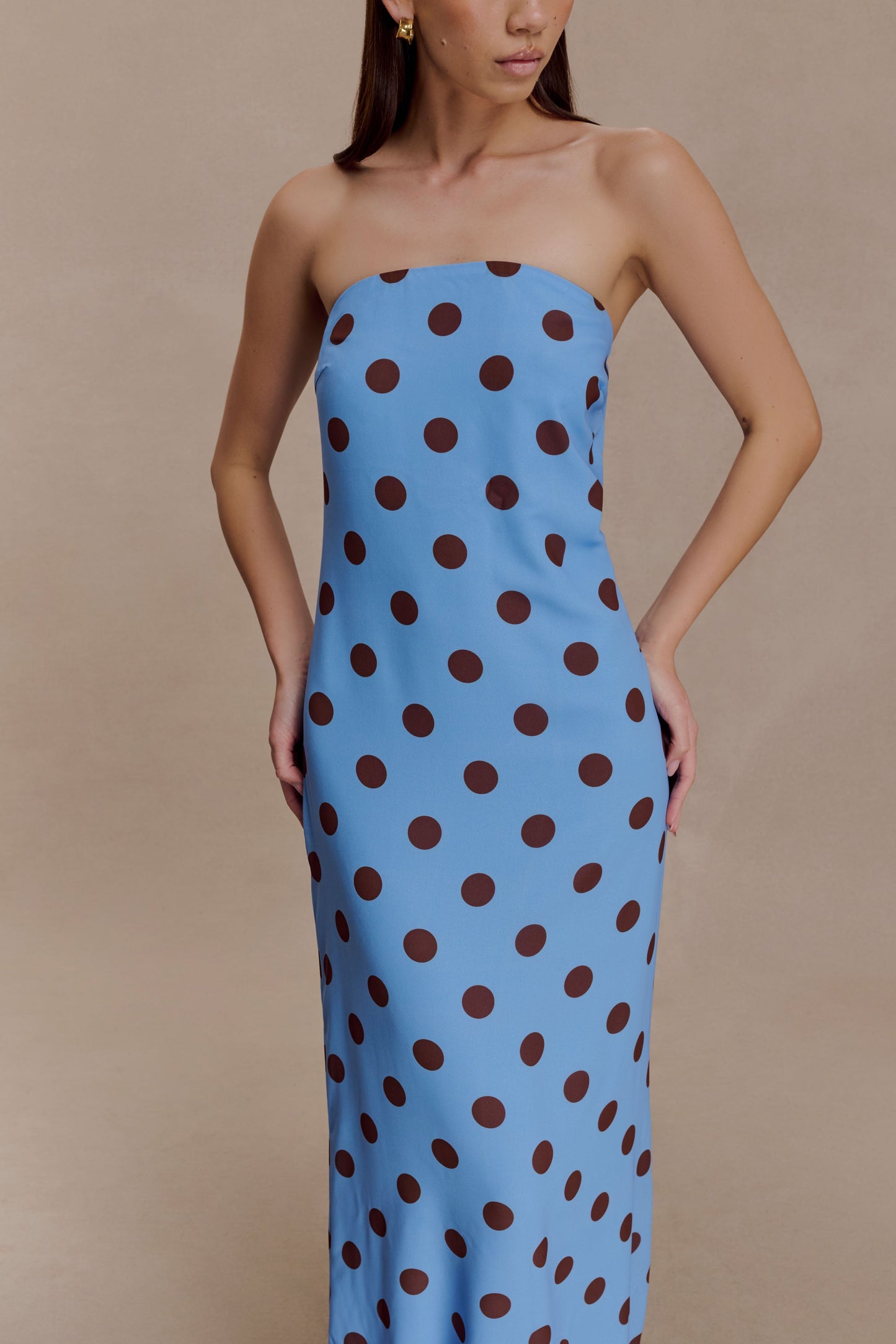 Blue Polka Dot Amaya Strapless Chiffon Maxi Dress