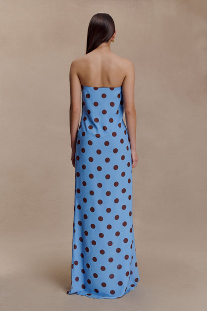 Blue Polka Dot Amaya Strapless Chiffon Maxi Dress