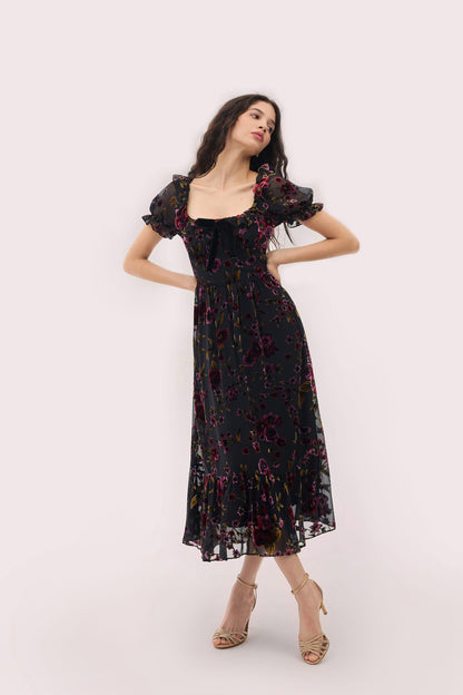 Black Juliette Burnout Velvet Midi Dress