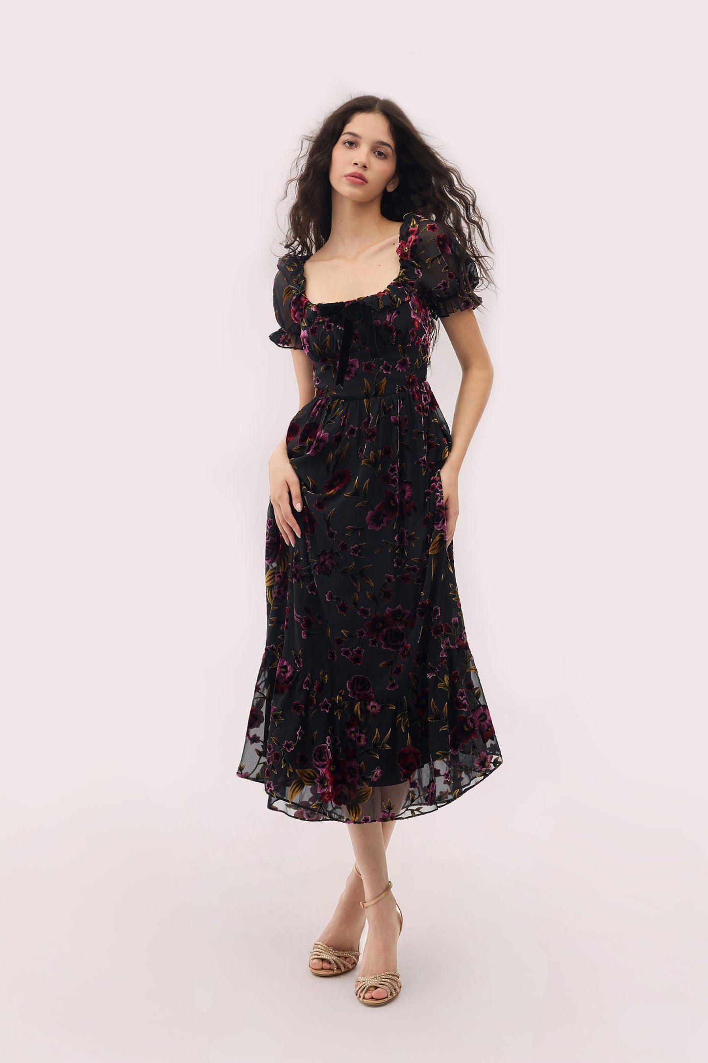 Black Juliette Burnout Velvet Midi Dress