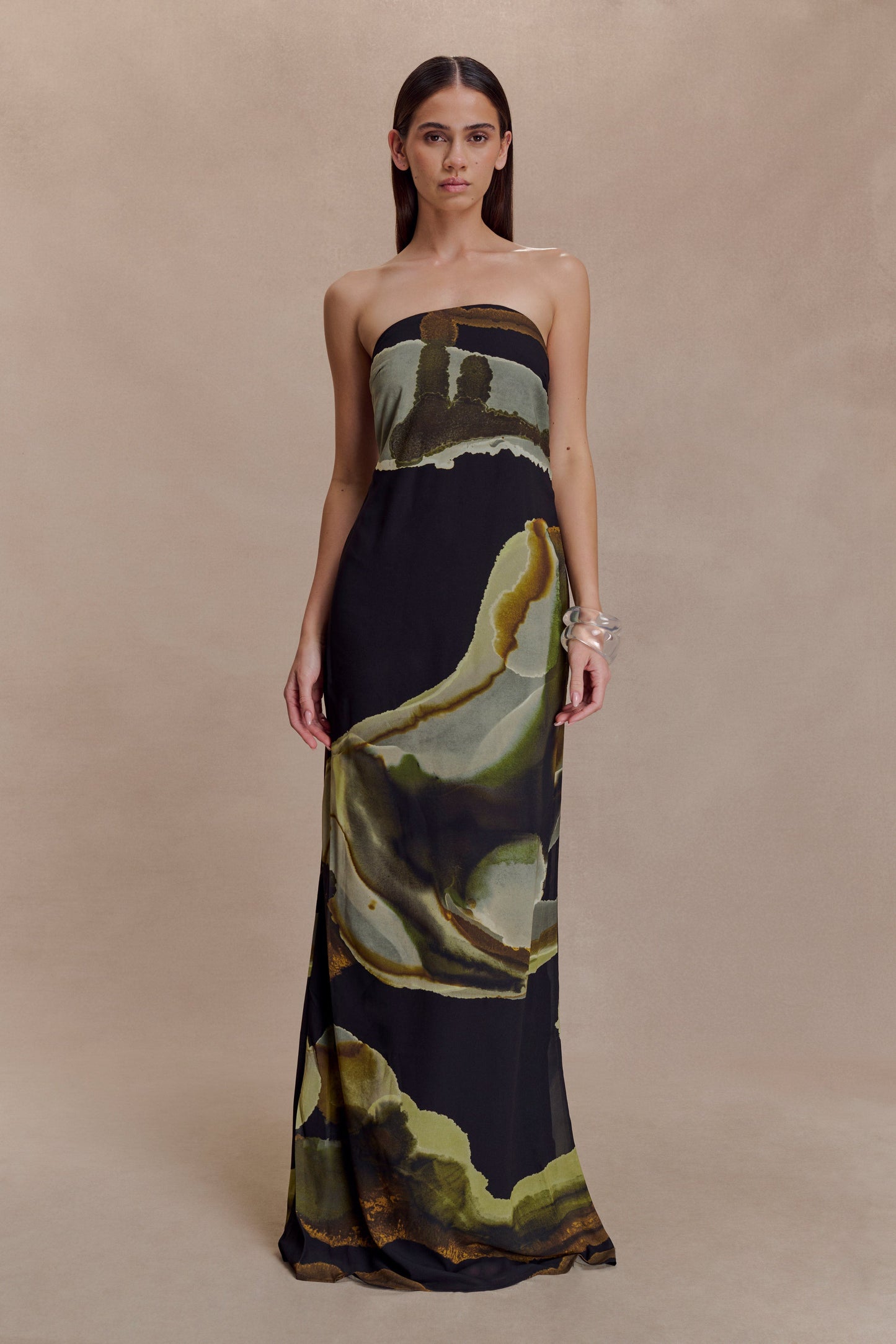 Green Fluid Reverie Print Amaya Strapless Chiffon Maxi Dress
