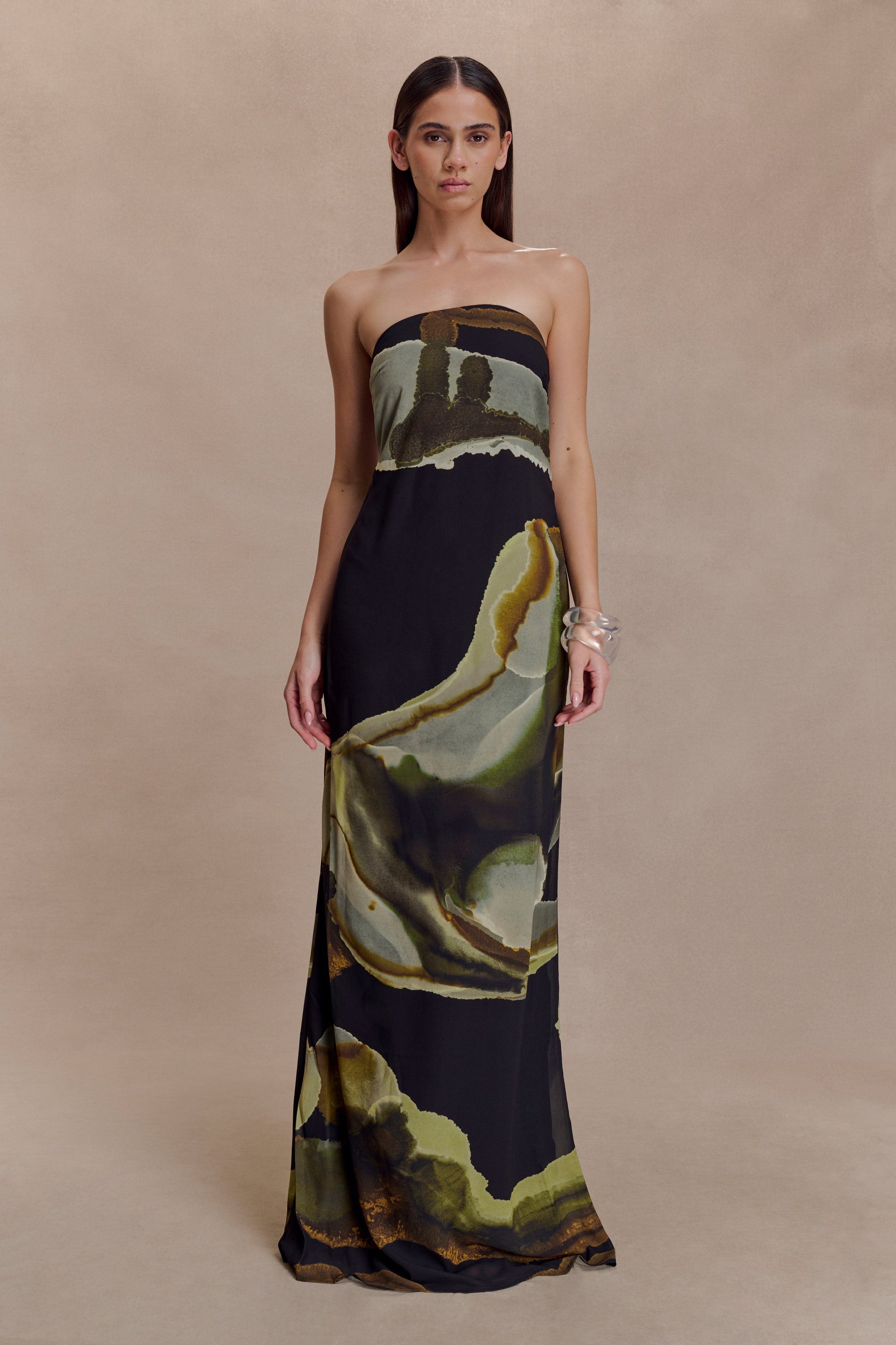 Green Fluid Reverie Print Amaya Strapless Chiffon Maxi Dress