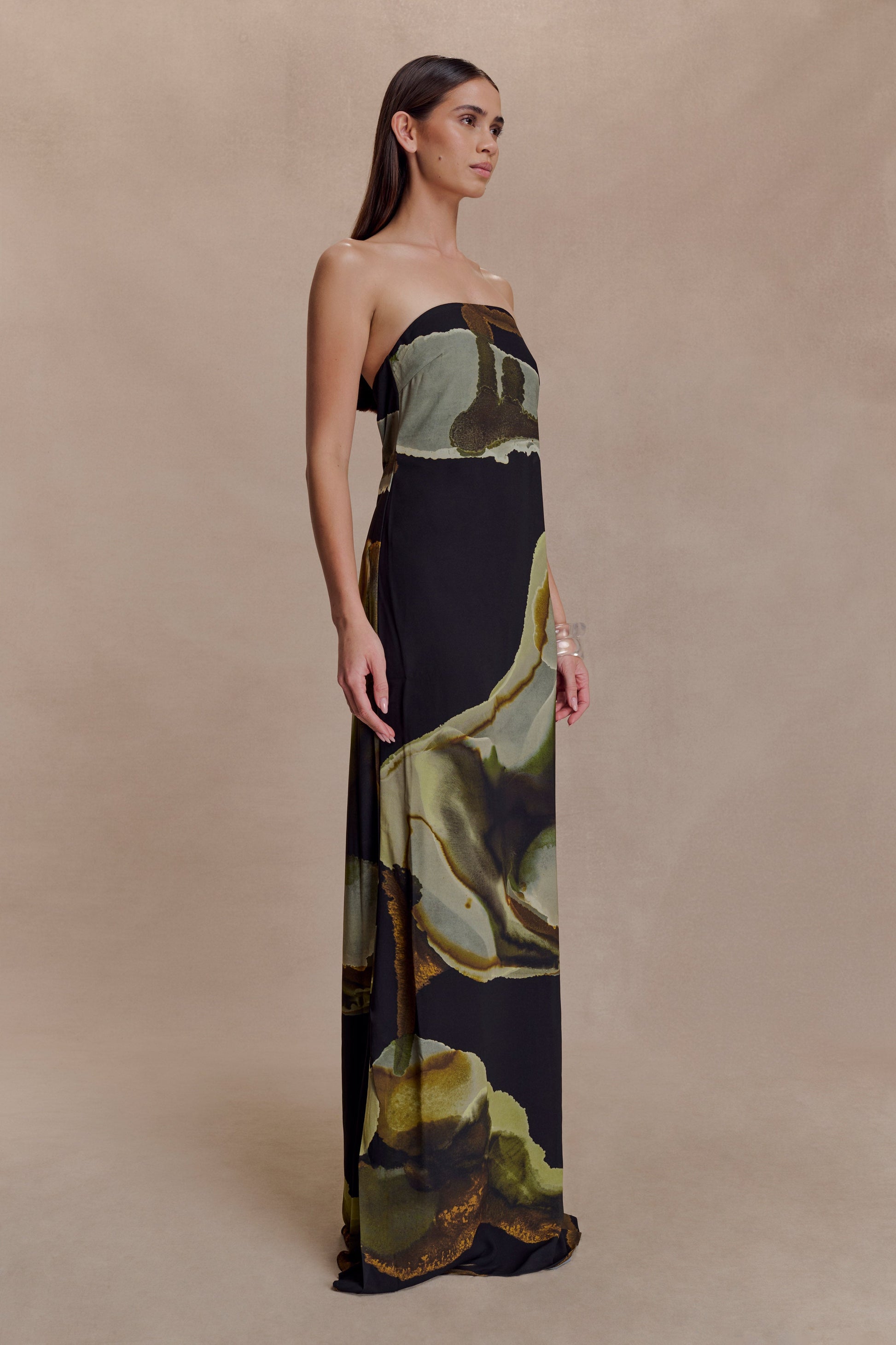 Green Fluid Reverie Print Amaya Strapless Chiffon Maxi Dress