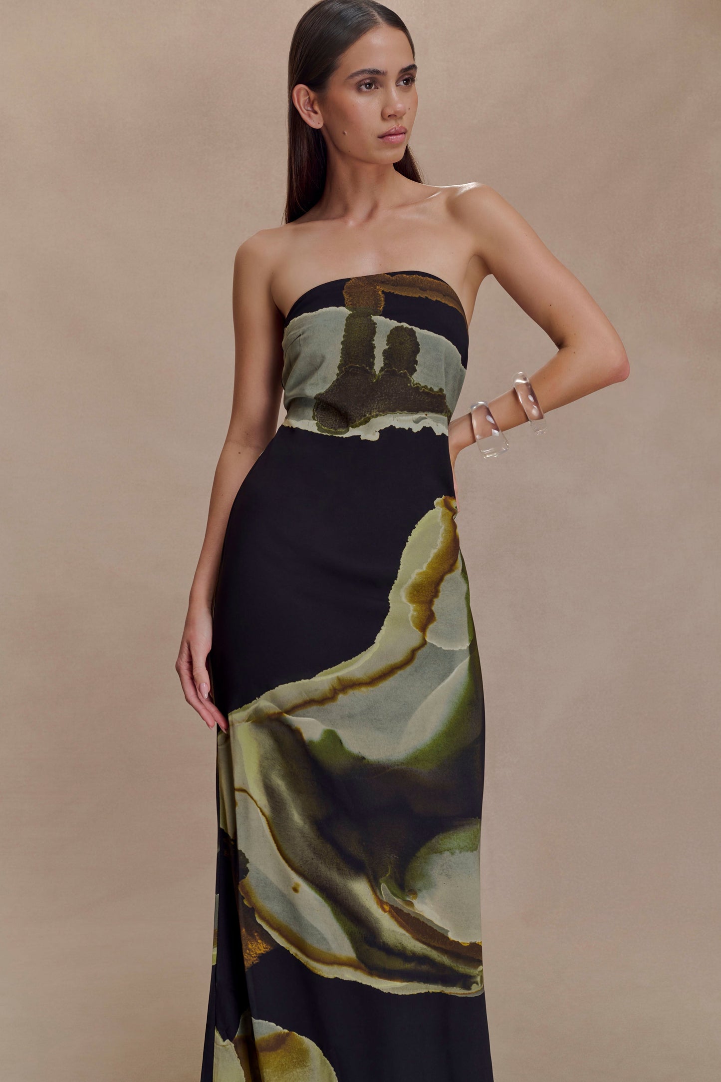 Green Fluid Reverie Print Amaya Strapless Chiffon Maxi Dress