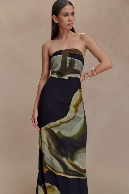 Green Fluid Reverie Print Amaya Strapless Chiffon Maxi Dress