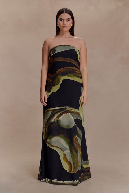 Green Fluid Reverie Print Amaya Strapless Chiffon Maxi Dress