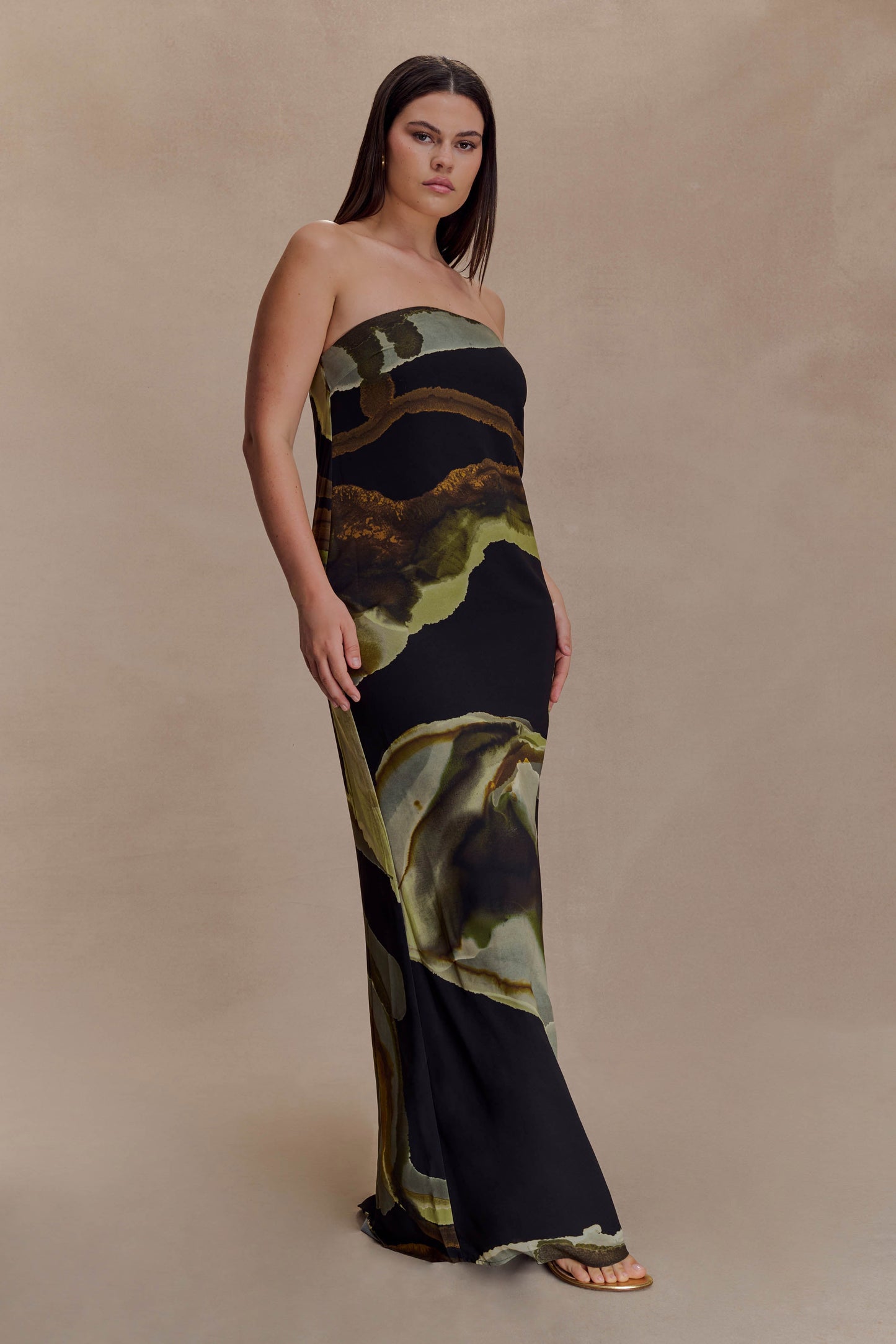 Green Fluid Reverie Print Amaya Strapless Chiffon Maxi Dress