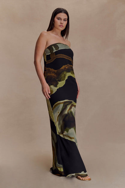 Green Fluid Reverie Print Amaya Strapless Chiffon Maxi Dress