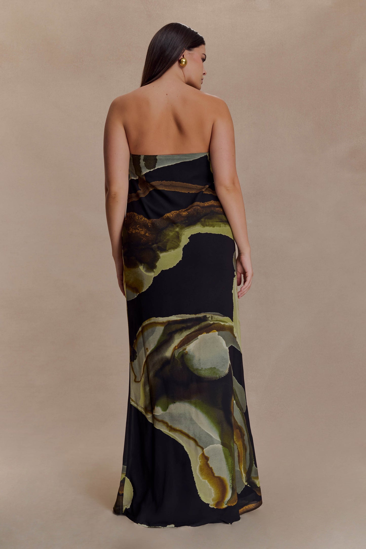 Green Fluid Reverie Print Amaya Strapless Chiffon Maxi Dress