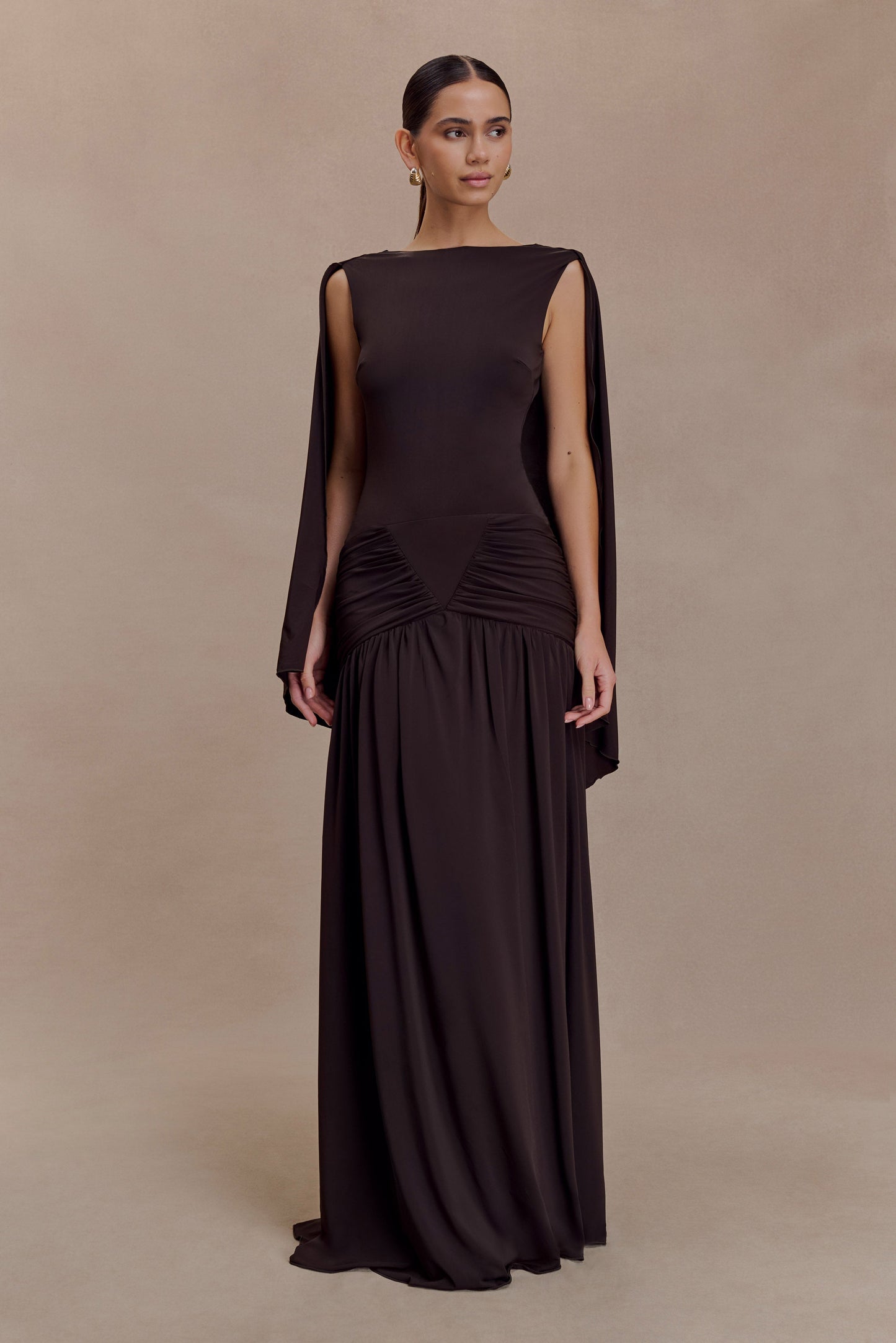 Chocolate Emory Jersey Cape Maxi Dress
