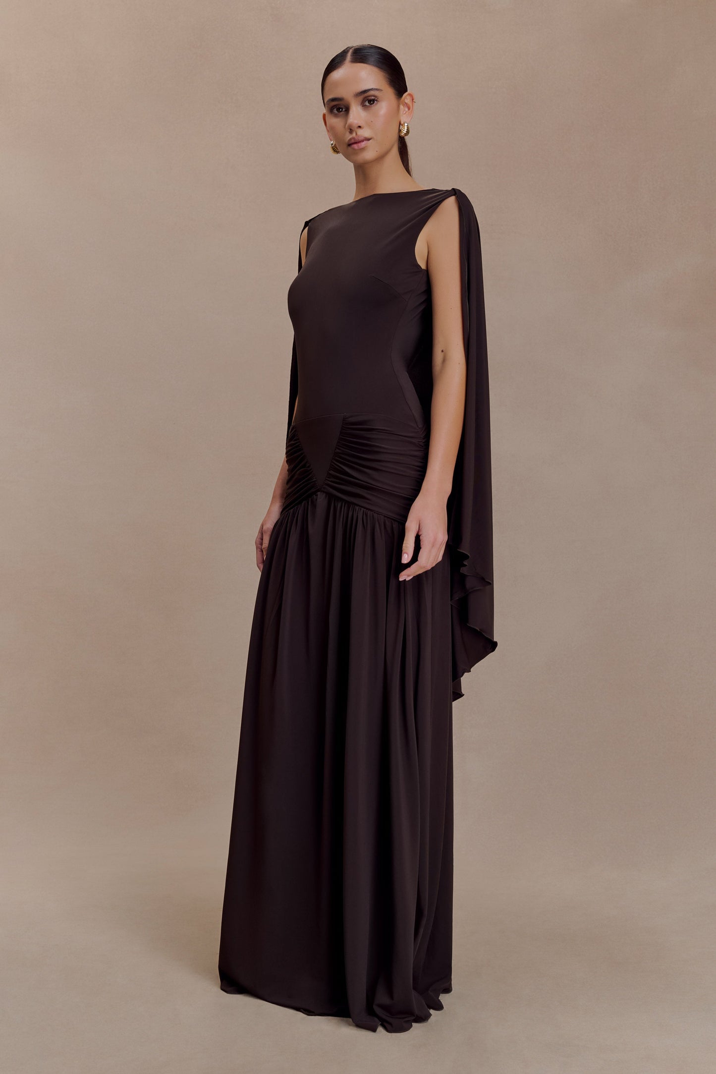 Chocolate Emory Jersey Cape Maxi Dress