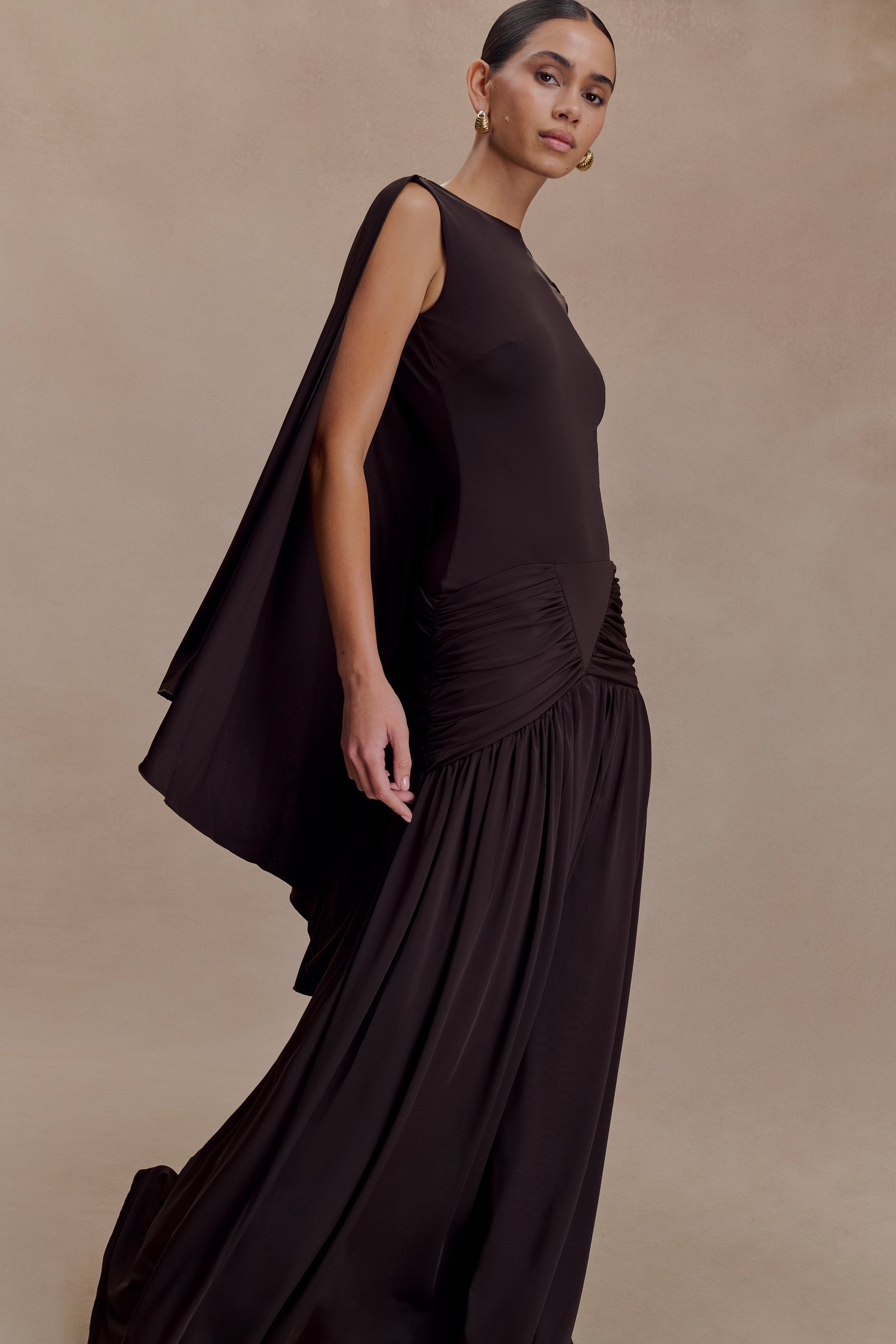 Chocolate Emory Jersey Cape Maxi Dress
