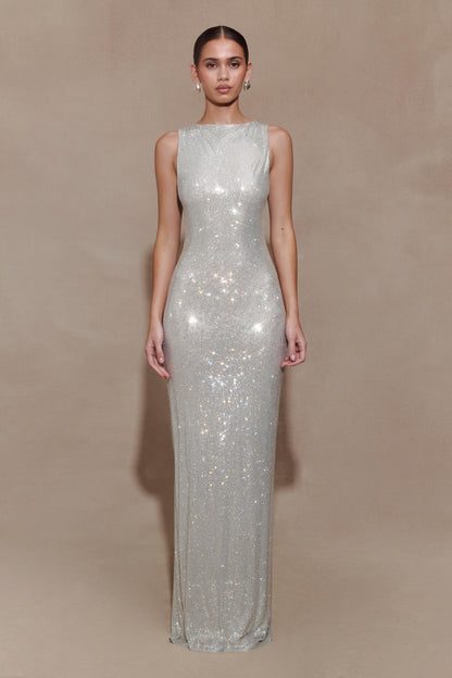 Silver Magnolia Diamante Sleeveless Maxi Dress in Chocolate