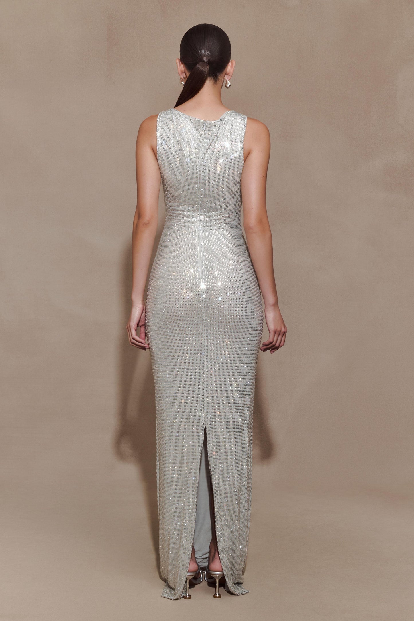 Silver Magnolia Diamante Sleeveless Maxi Dress in Chocolate