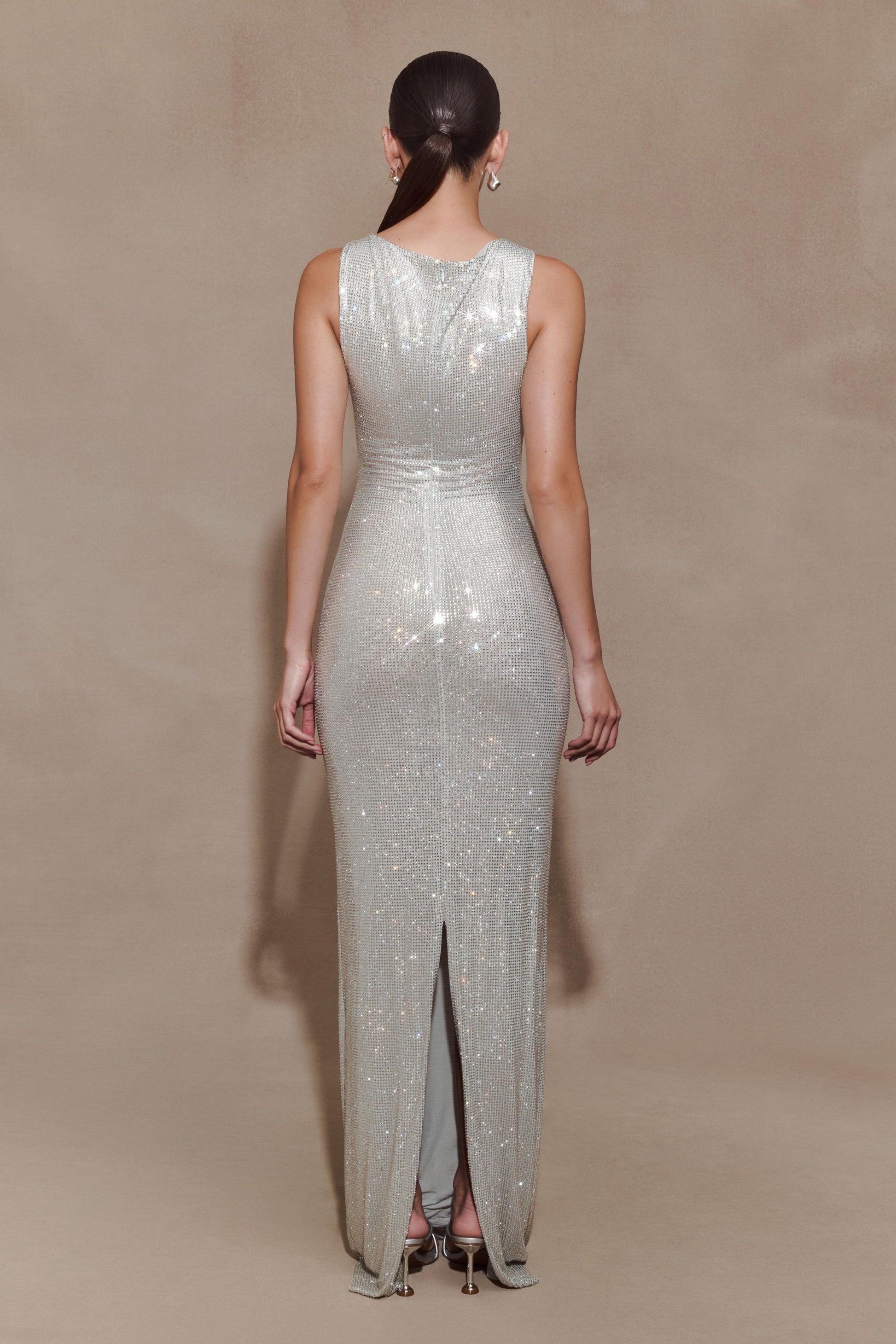 Silver Magnolia Diamante Sleeveless Maxi Dress in Chocolate
