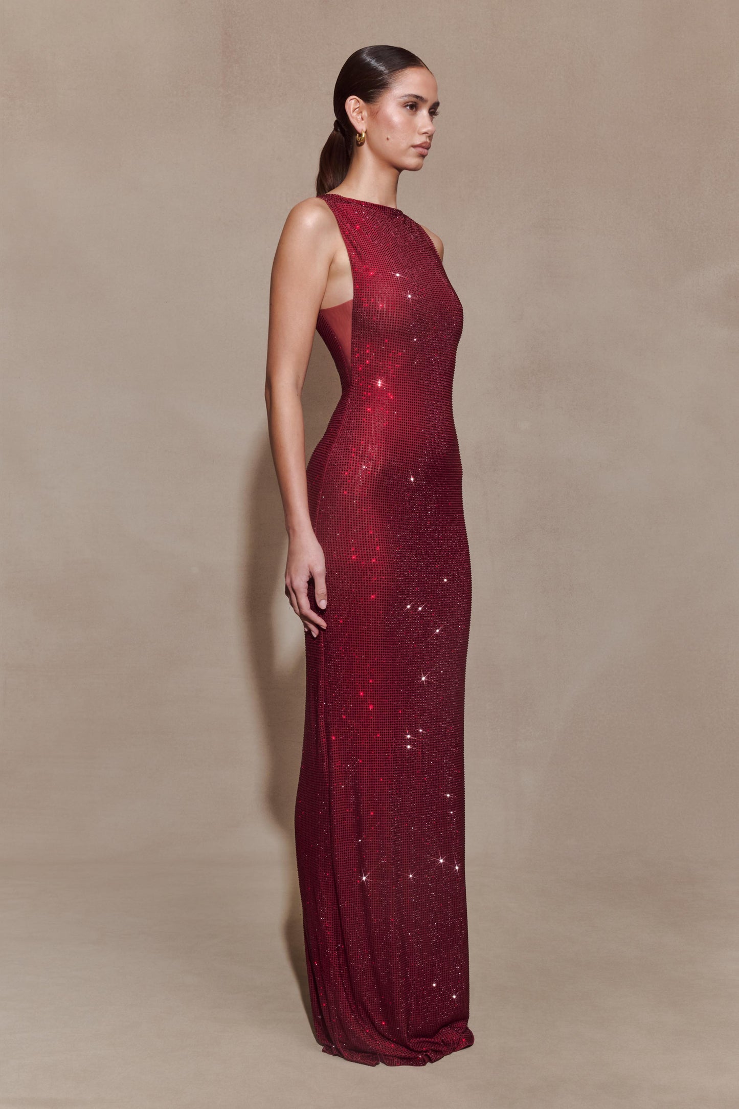 Wine Magnolia Diamante Sleeveless Maxi Dress in Chocolate