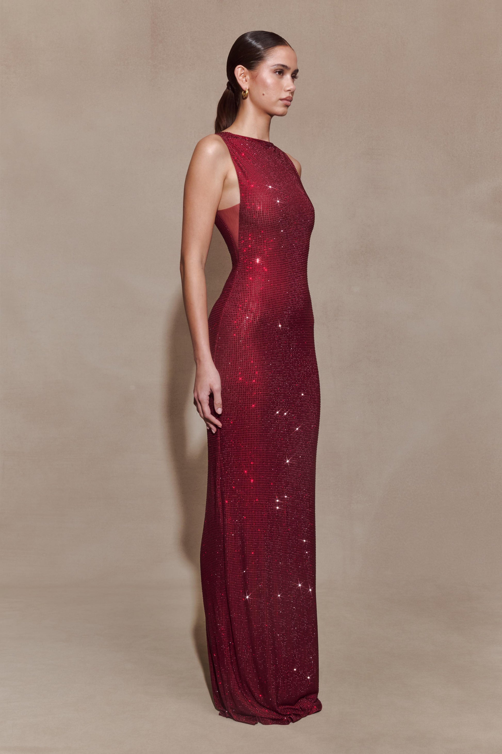 Wine Magnolia Diamante Sleeveless Maxi Dress in Chocolate