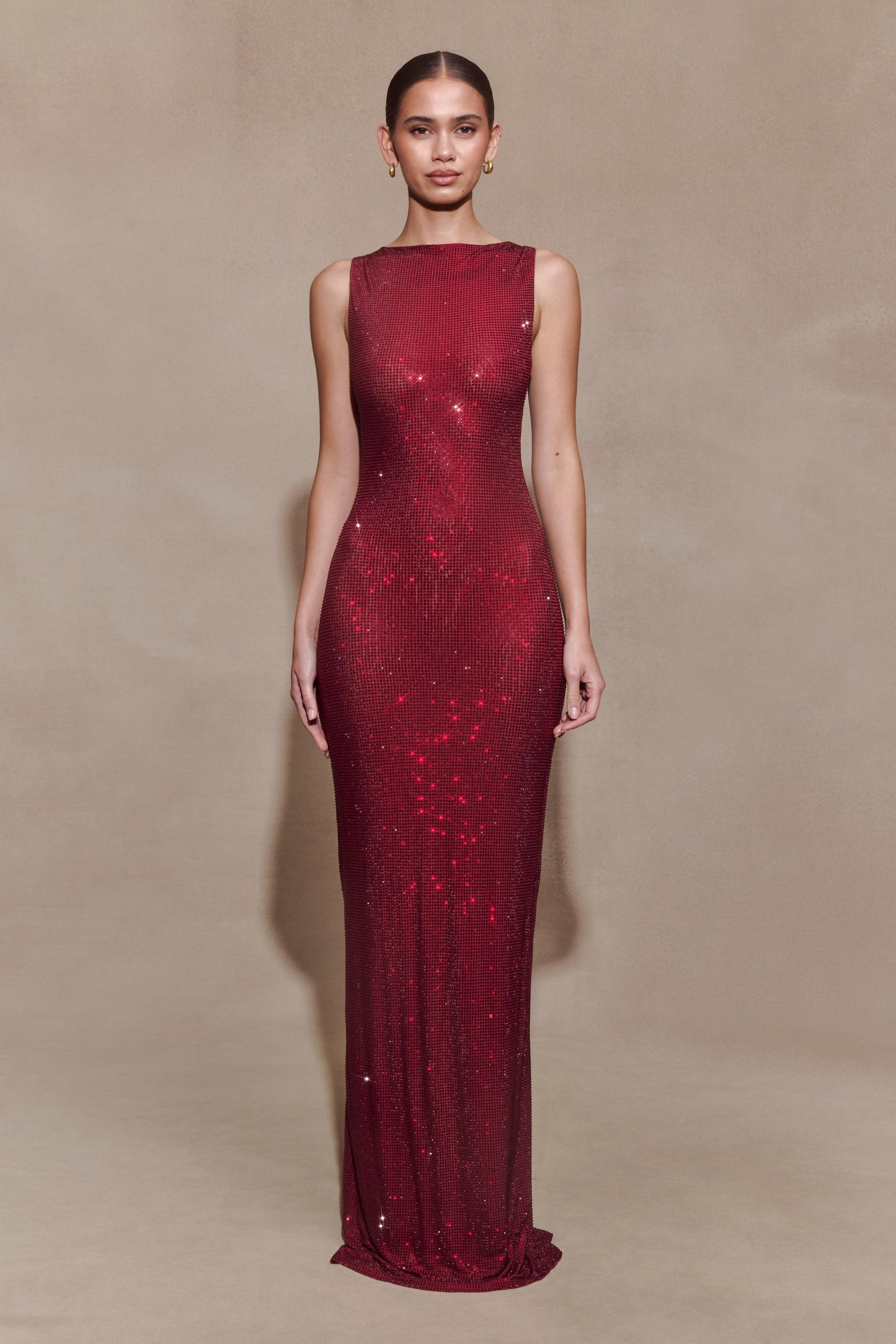 Wine Magnolia Diamante Sleeveless Maxi Dress in Chocolate