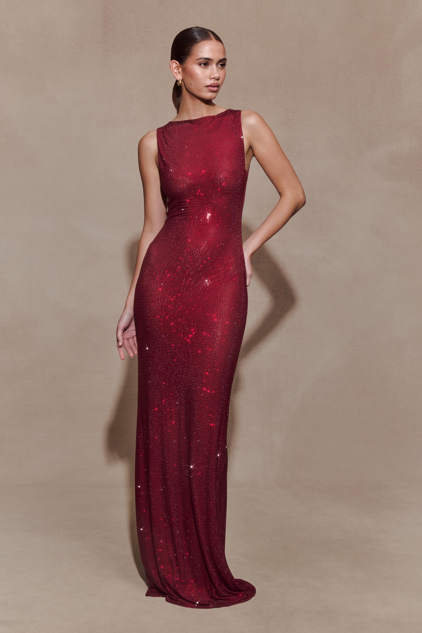 Wine Magnolia Diamante Sleeveless Maxi Dress in Chocolate