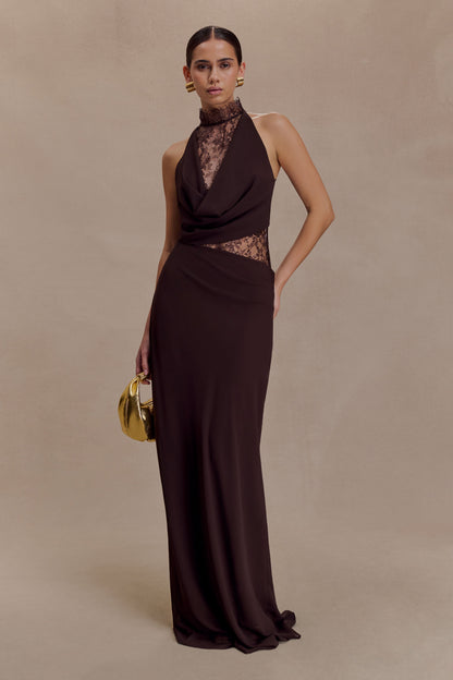 Cacao Brown Arra Chiffon & Lace Halter Maxi Dress in Plum