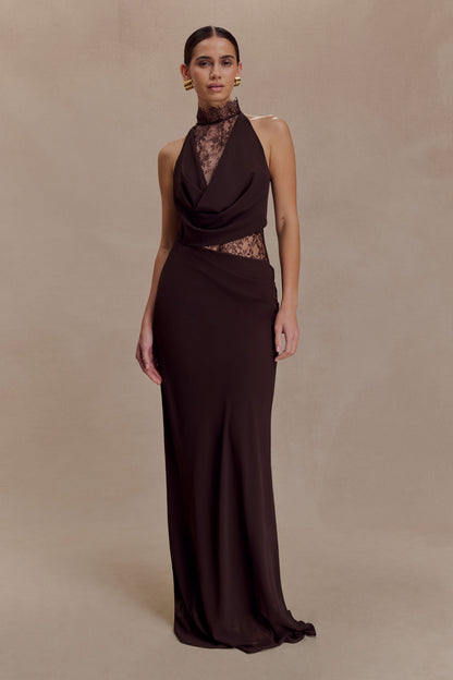 Cacao Brown Arra Chiffon & Lace Halter Maxi Dress