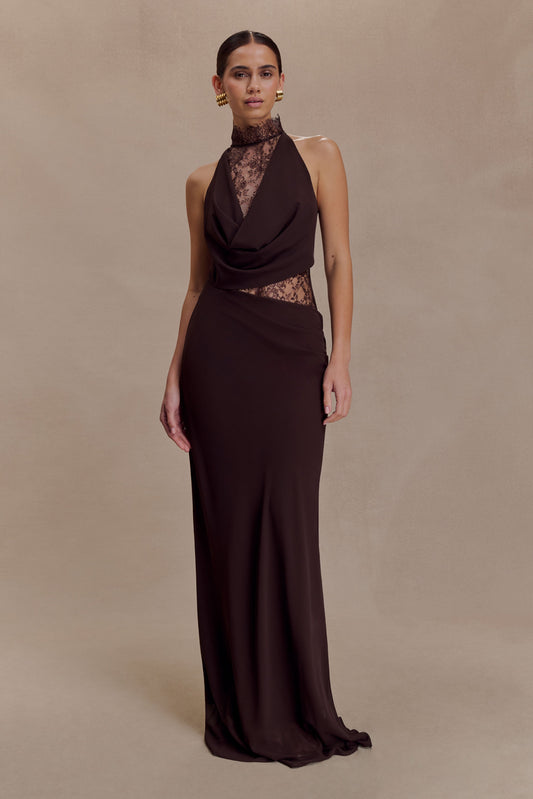 Cacao Brown Arra Chiffon & Lace Halter Maxi Dress