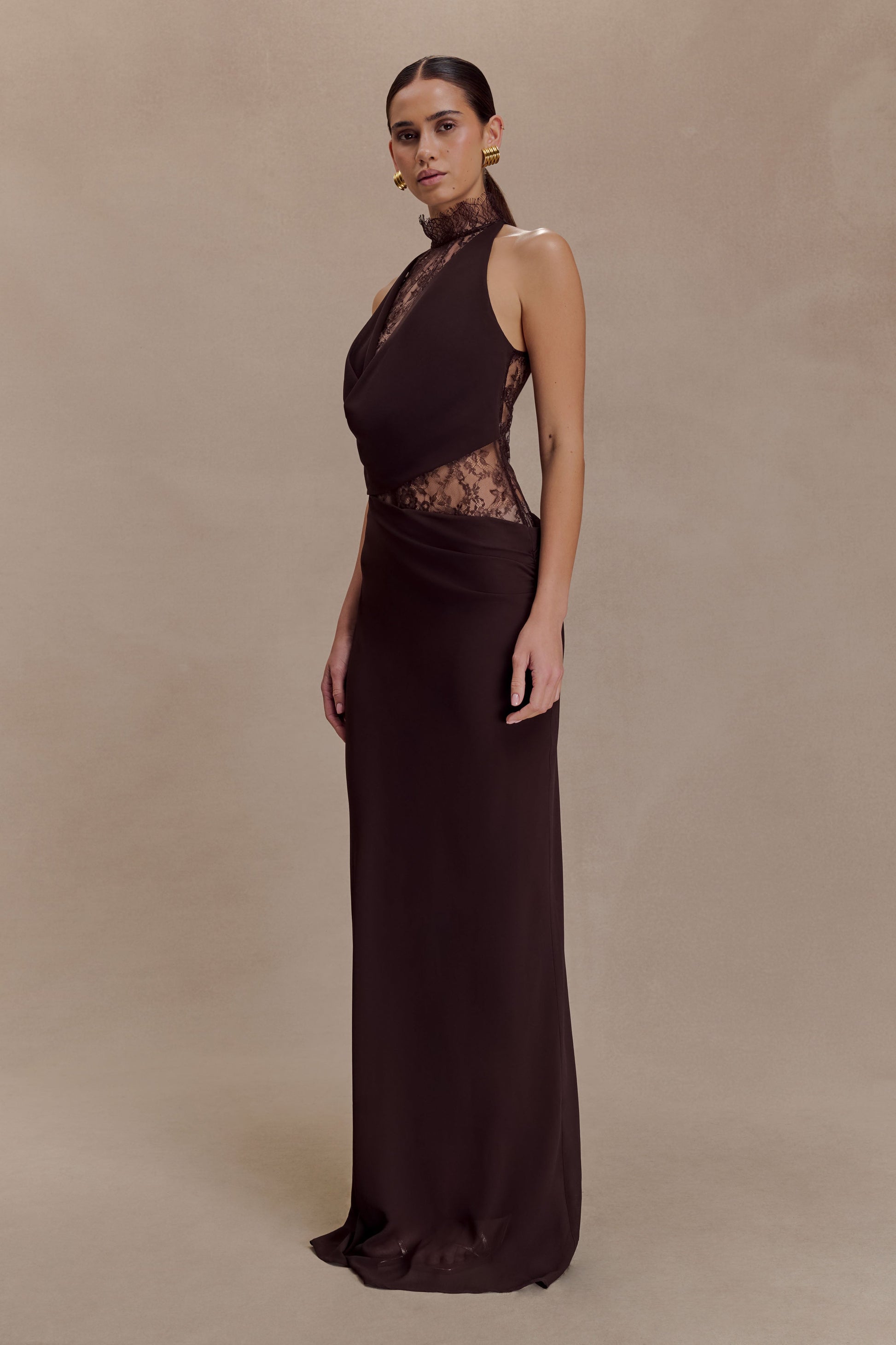 Cacao Brown Arra Chiffon & Lace Halter Maxi Dress in Plum
