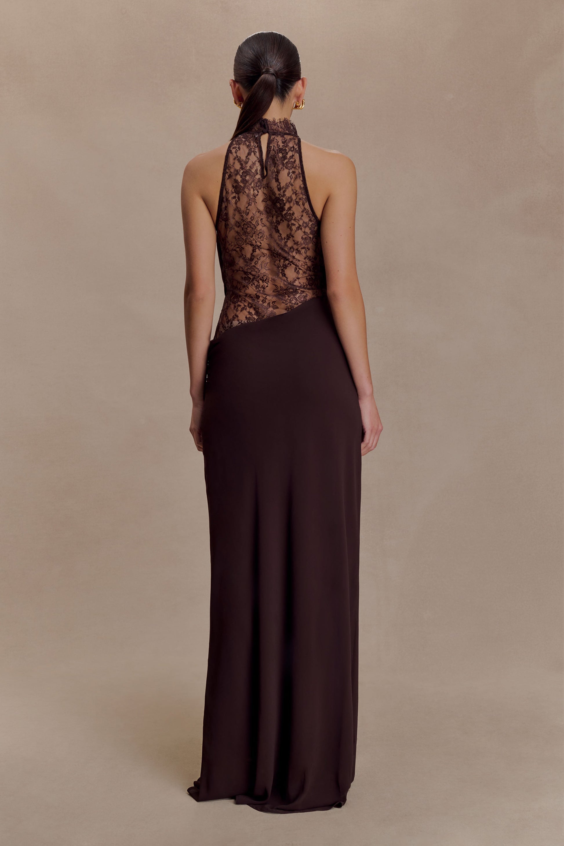 Cacao Brown Arra Chiffon & Lace Halter Maxi Dress in Plum