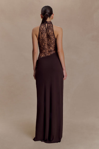 Cacao Brown Arra Chiffon & Lace Halter Maxi Dress in Plum