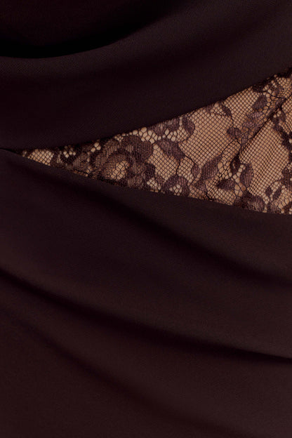Cacao Brown Arra Chiffon & Lace Halter Maxi Dress in Plum
