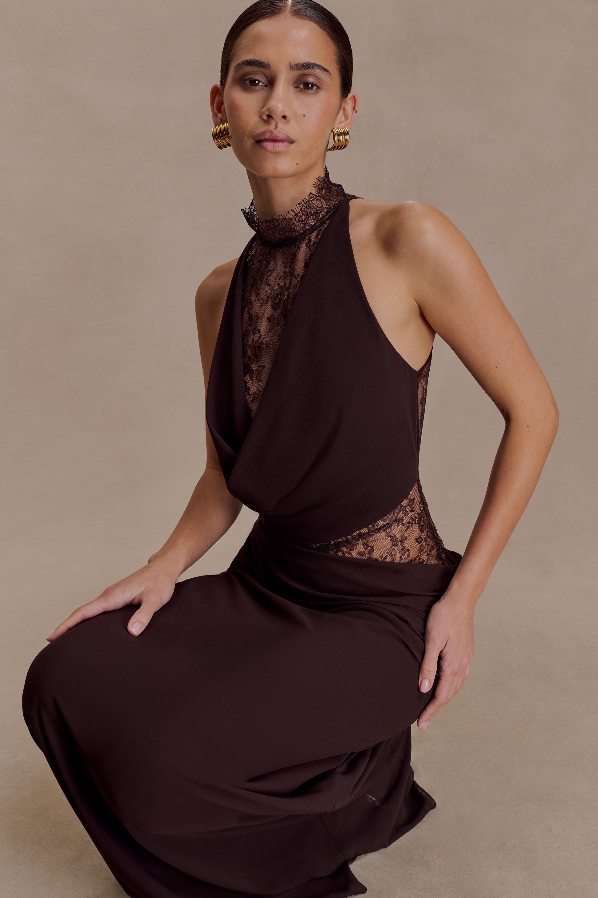 Cacao Brown Arra Chiffon & Lace Halter Maxi Dress
