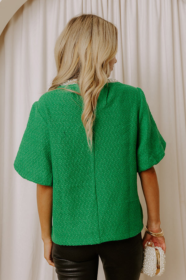 Tweed Pearl Embellished Top in Kelly Green Margot Smocked Eyelet Midi Dress