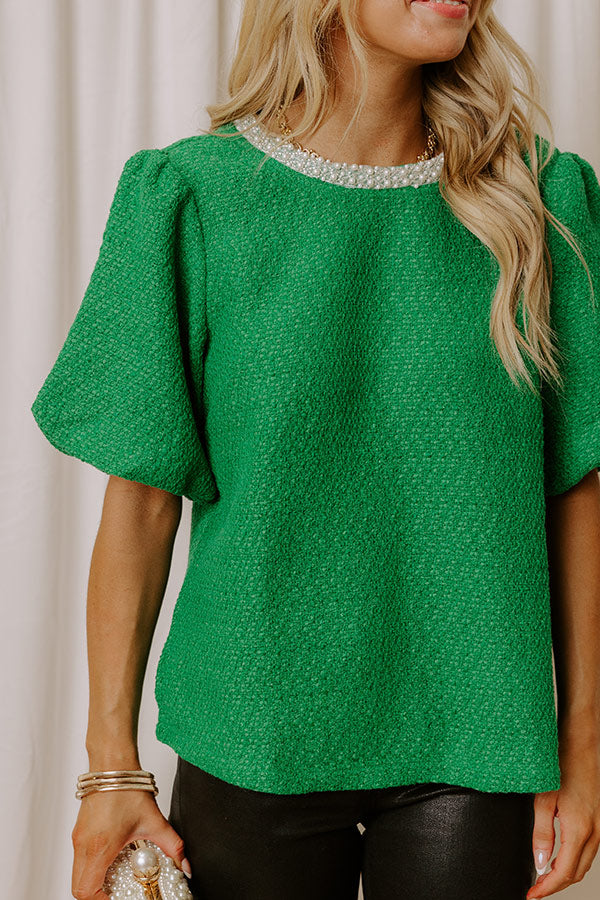 Tweed Pearl Embellished Top in Kelly Green Margot Smocked Eyelet Midi Dress