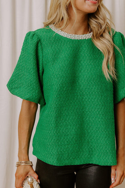 Tweed Pearl Embellished Top in Kelly Green Margot Smocked Eyelet Midi Dress