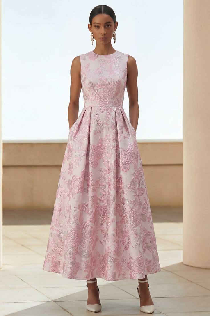 Ivory Pink Floral A Line Maxi Wedding Guest Dress with Pockets - Ivory Pink / US2