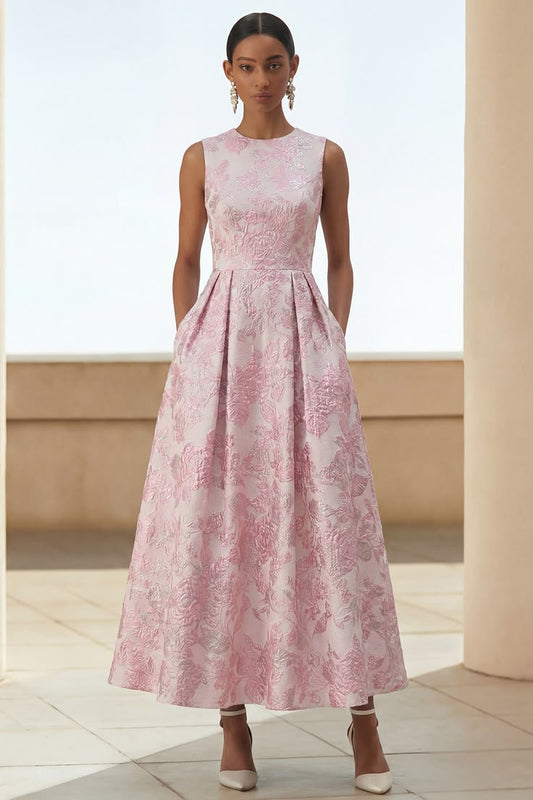 Ivory Pink Floral A Line Maxi Wedding Guest Dress with Pockets - Ivory Pink / US2