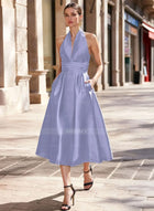 A-Line Halter Sleeveless Tea-Length Satin Mother Of The Bride Dresses With Pockets - Missacc
