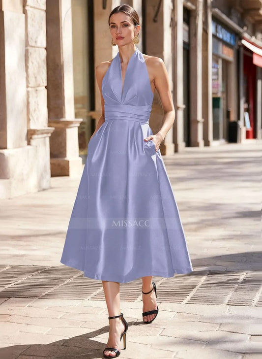 A-Line Halter Sleeveless Tea-Length Satin Mother Of The Bride Dresses With Pockets - Missacc