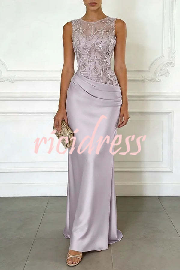 Blue Vera Mesh Embroidery Satin Ruched Crew Neck Sleeveless Gown Maxi Dress